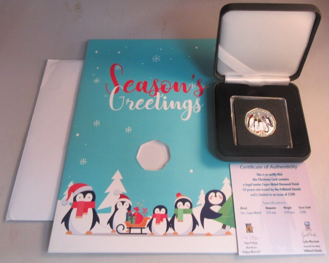 2017 FALKLAND ISLANDS DIAMOND FINISH 50P COIN WITH CHRISTMAS CARD BOX & COA