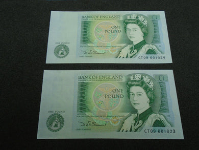 Bank of England SOMERSET UNC One Pound 2x £1 Banknotes  Consecutive Number CT096