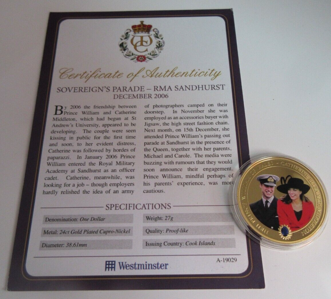 2011 SOVEREIGNS PARADE RMA SANDHURST 2006 GOLD PLATED COOK ISLANDS  $1 COIN/COA