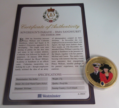 2011 SOVEREIGNS PARADE RMA SANDHURST 2006 GOLD PLATED COOK ISLANDS  $1 COIN/COA