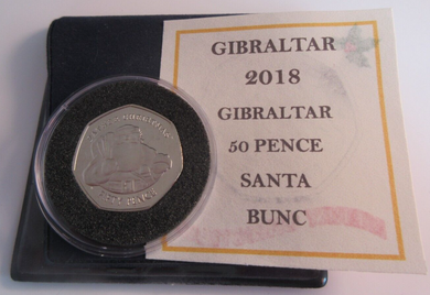 2018 SANTA GIBRALTAR CHRISTMAS 50p COIN BUNC WITH COA & POUCH