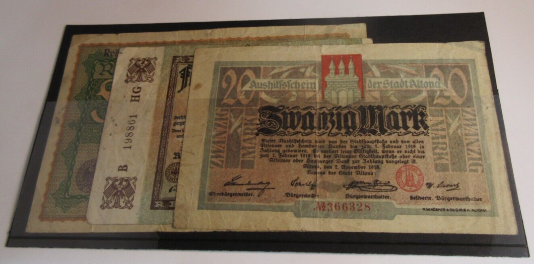 GERMAN BANKNOTES 20 50 5000 MARK REICHSBANKNOTES 1919 & 1922 WITH NOTE HOLDER