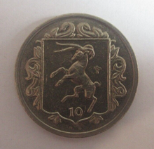 Load image into Gallery viewer, Loaghtan Ram Rampant 1985 Isle of Man 10p Die Mark AA with Triskelion Privy Mark
