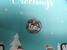 Load image into Gallery viewer, 2017Christmas penguins 50p Coin - Cupro Nickel Coloured Diamond Finish in a Card
