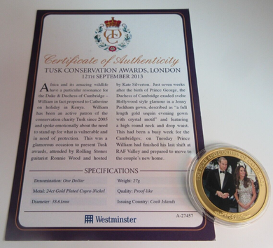 2014 TUSK CONSERVATION AWARDS 2013 GOLD PLATED COOK ISLANDS  $1 COIN/COA