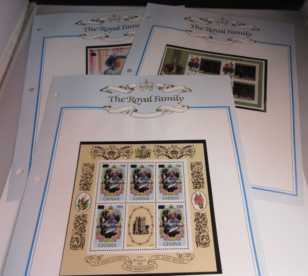HMQE THE QUEEN MOTHER 85th & 90th BIRTHDAY GHANA/COOK ISLANDS STAMPS ALBUM SHEET