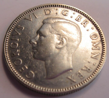 Load image into Gallery viewer, 1945 KING GEORGE VI BARE HEAD .500 SILVER EF ONE SHILLING COIN &amp; CLEAR FLIP
