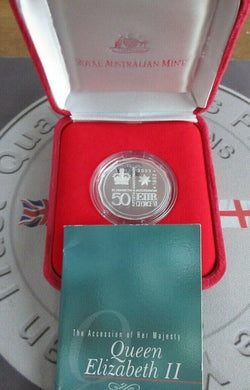 2002 QE2 Accession 50th Anniv Silver Proof Australian Mint 50 Cent Coin BoxedCOA