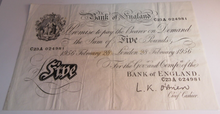 Load image into Gallery viewer, 1956 BRITISH WHITE FIVE POUND £5 NOTE O&#39;BRIEN BANK OF ENGLAND C23A 024981
