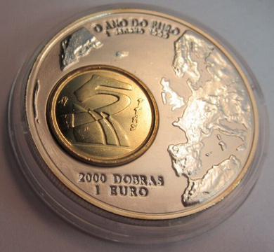 1999 SAO TOME E PRINCIPE 2000 DOBRAS 1 EURO COIN 10Z PURE SILVER ENCAPSULATED