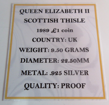 Load image into Gallery viewer, 1989 £1 QUEEN ELIZABETH II SCOTTISH THISTLE SILVER PROOF ONE POUND COIN BOX &amp;COA
