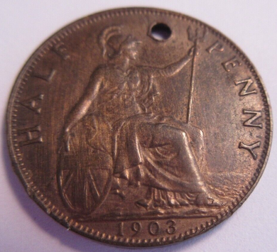 UK 1903 KING EDWARD VII BRONZE HALF PENNY HOLED & INITIALIZED AD IN CLEAR FLIP