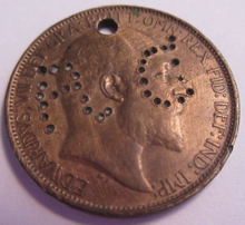 Load image into Gallery viewer, UK 1903 KING EDWARD VII BRONZE HALF PENNY HOLED &amp; INITIALIZED AD IN CLEAR FLIP
