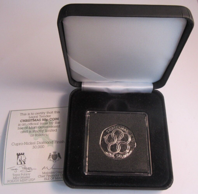 2009 QEII CHRISTMAS COLLECTION IOM PM MARK DIAMOND FINISH 50P COIN BOX & COA