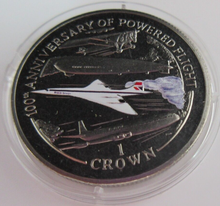 Load image into Gallery viewer, 2003 100TH ANNIVERSARY OF POWERED FLIGHT COLOURED ONE CROWN COIN CAPSULE &amp; POUCH
