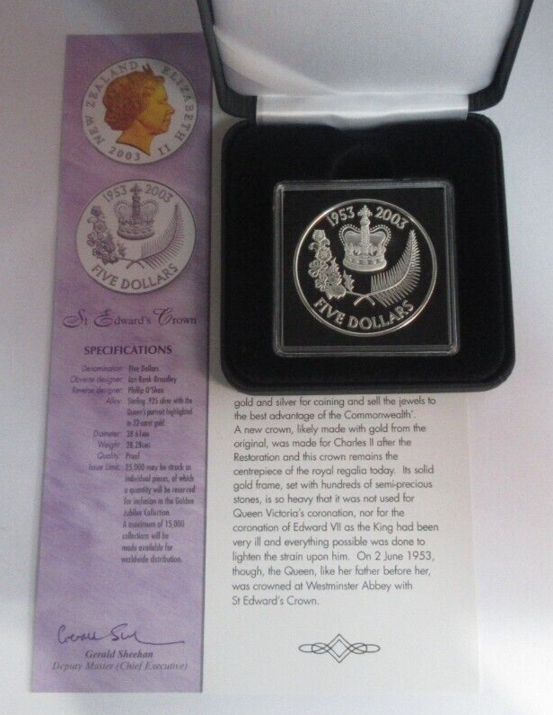 2003 Edward's Crown Golden Jubilee 1oz Silver Proof New Zealand $5 Coin BoxCOA