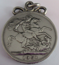 Load image into Gallery viewer, 1951 PROOF FIVE SHILLINGS CROWN PENDANT WITH .925 HALLMARKED MOUNT &amp; POUCH
