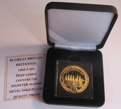 1995 SS GREAT BRITAIN BRITANNIA DEEP CAMEO GOLD PLATED PROOF 5 ECU CAPSULE & COA