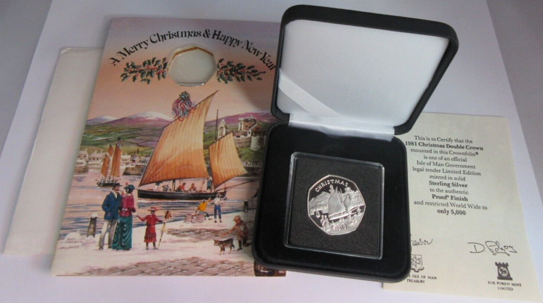 1981 CHRISTMAS 50P FIFTY PENCE SILVER PROOF IOM 50P WITH CHRISTMAS CARD BOX &COA