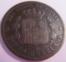 Load image into Gallery viewer, 1877 SPAIN ALFONSO XII CINCO CENTIMOS COIN IN PROTECTIVE CLEAR FLIP
