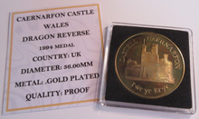 Load image into Gallery viewer, 1994 CAERNARFON CASTLE WALES DRAGON REVERSE GOLD PLATED PROOF MEDAL CAPSULE &amp;COA
