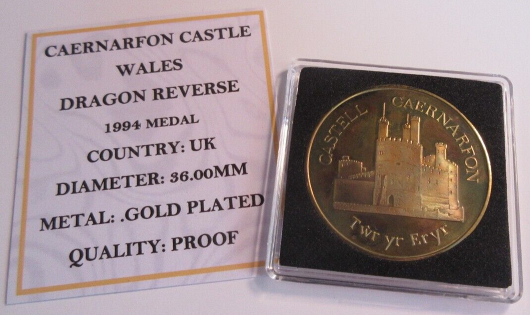 1994 CAERNARFON CASTLE WALES DRAGON REVERSE GOLD PLATED PROOF MEDAL CAPSULE &COA