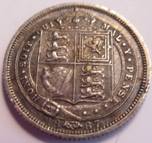 Load image into Gallery viewer, 1887 VICTORIA JUBILEE HEAD SHIELD IN GARTER 6d SIXPENCE COIN VF-EF IN CLEAR FLIP
