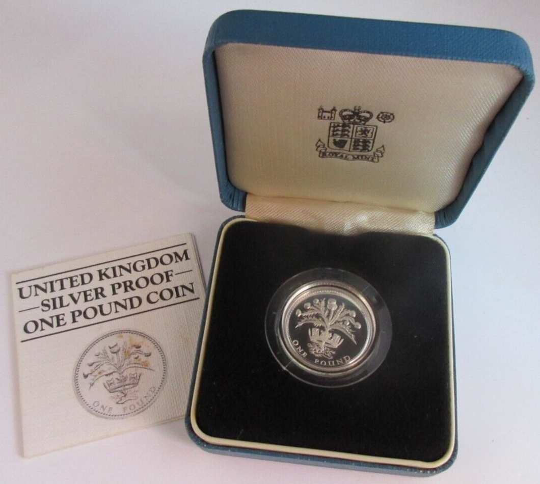 1984 UK £1 SCOTTISH THISTLE ONE POUND COIN SILVER PROOF BOX & COA