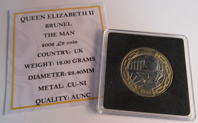 2006 BRUNEL THE MAN £2 COIN AUNC PRESENTED IN QUAD CAPSULE & COA