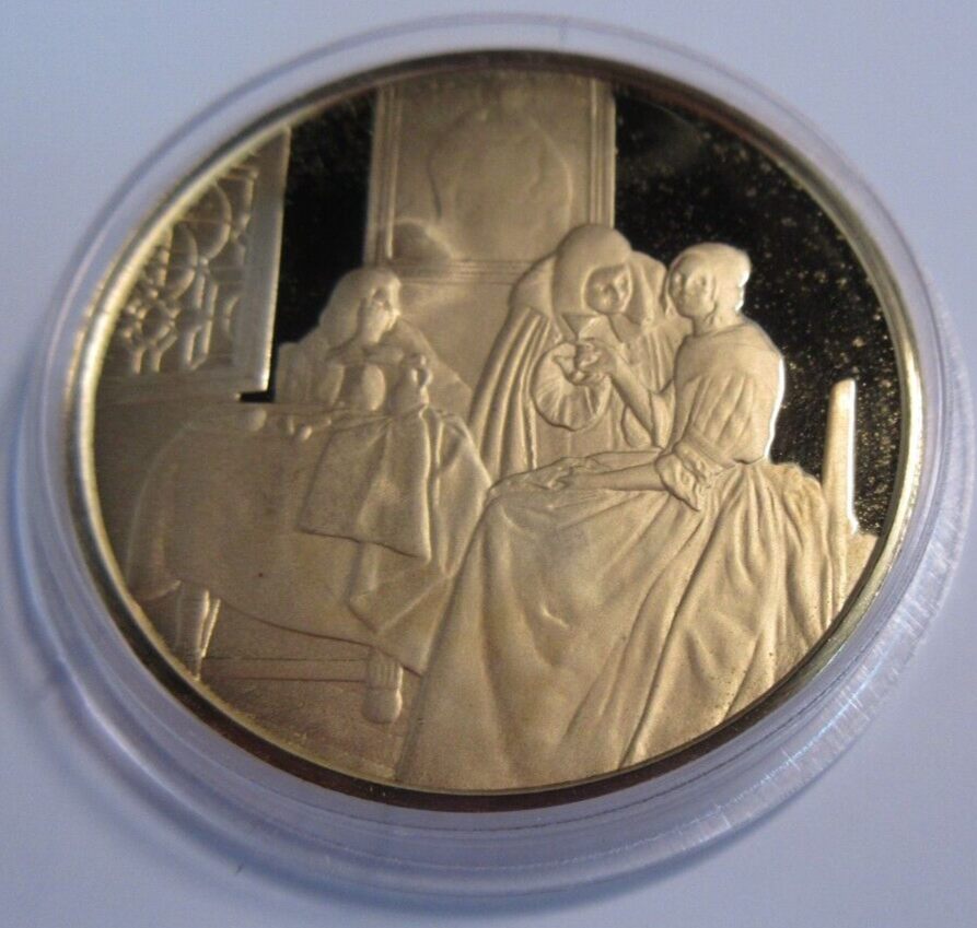 1975 THE GENIUS OF VERMEER HALLMARKED 24CT GOLD PLATED .925 SILVER 32G MEDAL