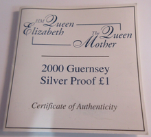 Load image into Gallery viewer, 2000 HER MAJESTY QUEEN ELIZABETH THE QUEEN MOTHER GUERNSEY SILVER PROOF £1 COIN
