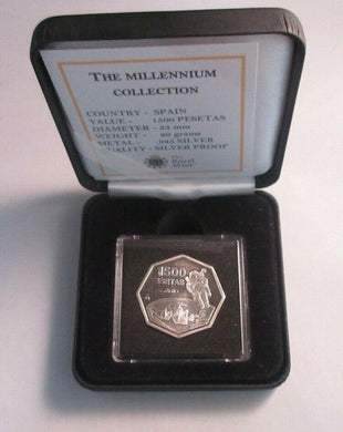 The Millennium Collection Spain 1999 Silver Proof 1500 Pesetas Coin BoxCOA