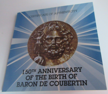 Load image into Gallery viewer, 2013 150TH ANIVERSARY BIRTH OF BARON DE COUBERTIN BVI $1.50 COIN CAP COA &amp; POUCH
