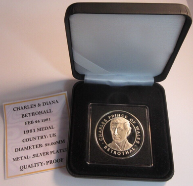 1981 CHARLES & DIANA BETROHALL SILVER PLATED PROOF MEDAL CAPSULE BOX & COA