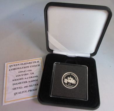 1993 QE II CORONATION COACH ALDERNEY SILVER PROOF £1 COIN BOX & COA