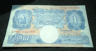 1940 £1 BANK NOTE Z74D 970768 PEPPIATT BLUE BE47E EF - aUNC