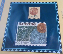 Load image into Gallery viewer, INDIAN HEAD PENNIES ISSUED 1908 &amp; 1909 WITH POSTAGE STAMPS ON ALBUM INFO SHEET
