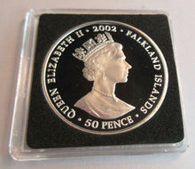 Load image into Gallery viewer, 2002 QEII GOLDEN JUBILEE QUEEN ON THRONE 50P CROWN SILVER COLOURED PROOF BOXED
