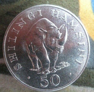 1974 ROYAL MINT TANZANIA 50 SHILINGI SILVER BUNC BLACK RHINO COIN CONSERVATION