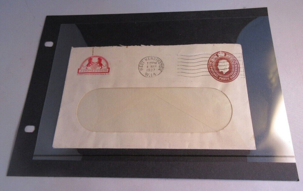 KING GEORGE V THREE HALFPENCE EMBOSSED ENVELOPE USED IN CLEAR FRONTED HOLDER