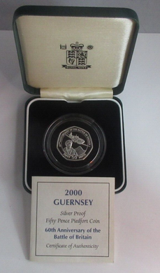 2000 Battle of Britain RoyalMint Silver Proof Piedfort Guernsey 50p Coin Box/COA