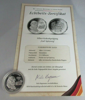 THE GREATEST GERMANS IN REAL SILVER CARL SPITZWEG 1808-1885 S/PROOF MEDAL & COA