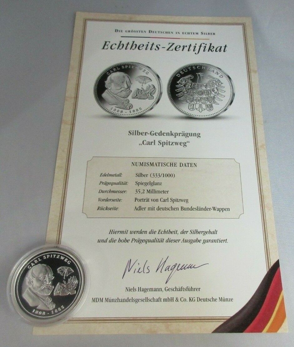 THE GREATEST GERMANS IN REAL SILVER CARL SPITZWEG 1808-1885 S/PROOF MEDAL & COA