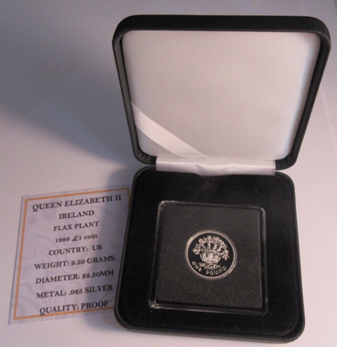 1986 £1 ONE POUND SILVER PROOF COIN IRELAND FLAX PLANT BOX & COA