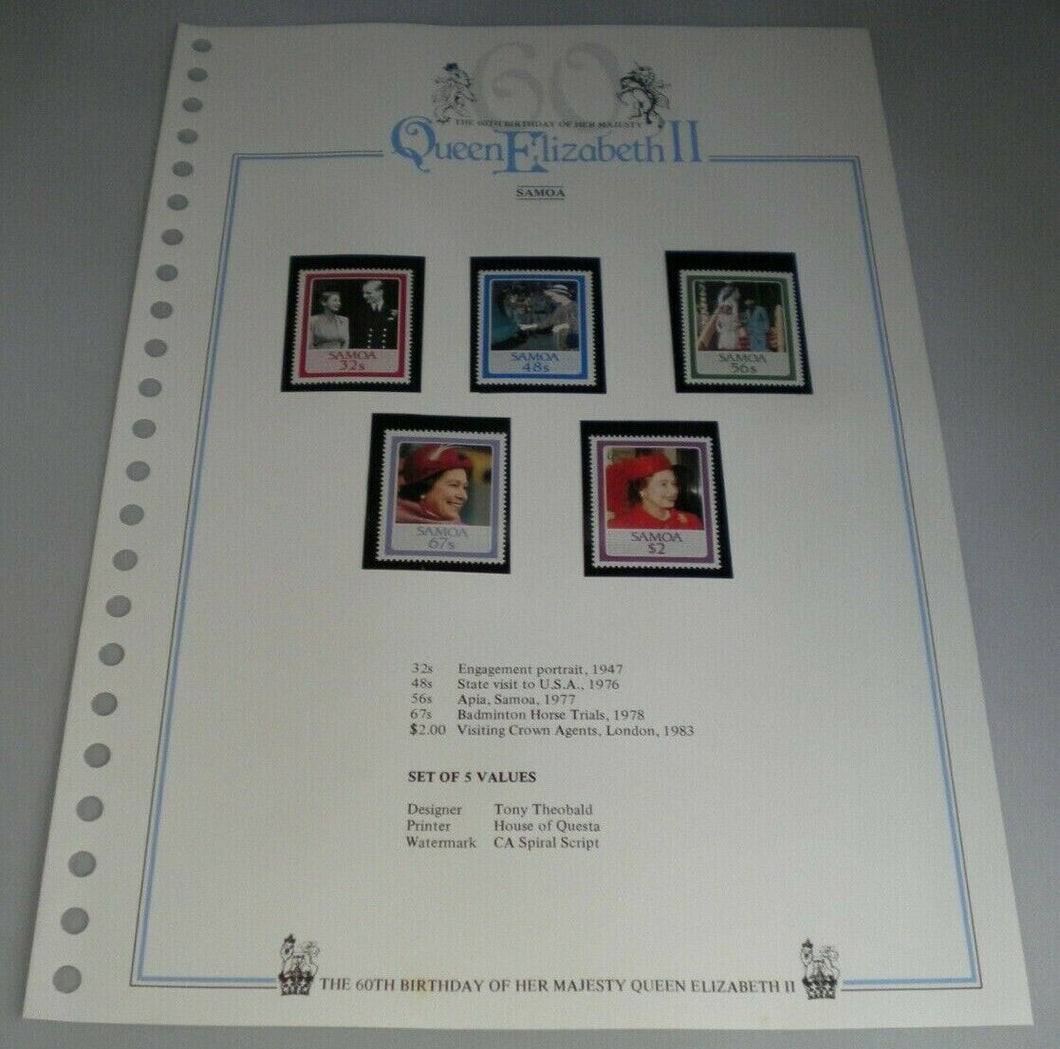 QUEEN ELIZABETH II THE 60TH BIRTHDAY OF HER MAJESTY SAMOA STAMPS MNH