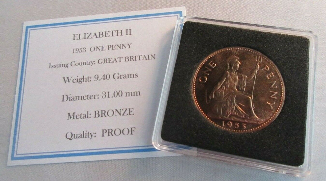 1953 QUEEN ELIZABETH II PROOF BRONZE ONE PENNY COIN IN QUADRANT CAPSULE