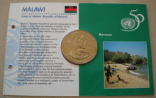 Load image into Gallery viewer, 1945-1995 NATIONS UNITED FOR PEACE MALAWI 5 KWACHA COMMEMORATIVE COIN &amp;INFO CARD
