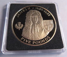 Load image into Gallery viewer, 2007 QEII JAMES II HISTORY OF THE MONARCHY ALDERNEY S/PROOF £5 COIN BOX &amp; COA
