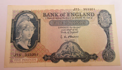 1961 BRITANNIA £5 O`BRIEN BANKNOTE J75 353301 LION AND KEY UNCIRCULATED