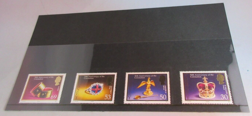 QEII 50TH ANNIVERSARY CORONATION 4 X JERSEY DECIMAL STAMPS MNH IN STAMP HOLDER